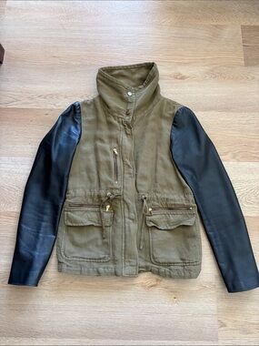 Zara Olive Utility Jacket with Black Genuine Leather Sleeves